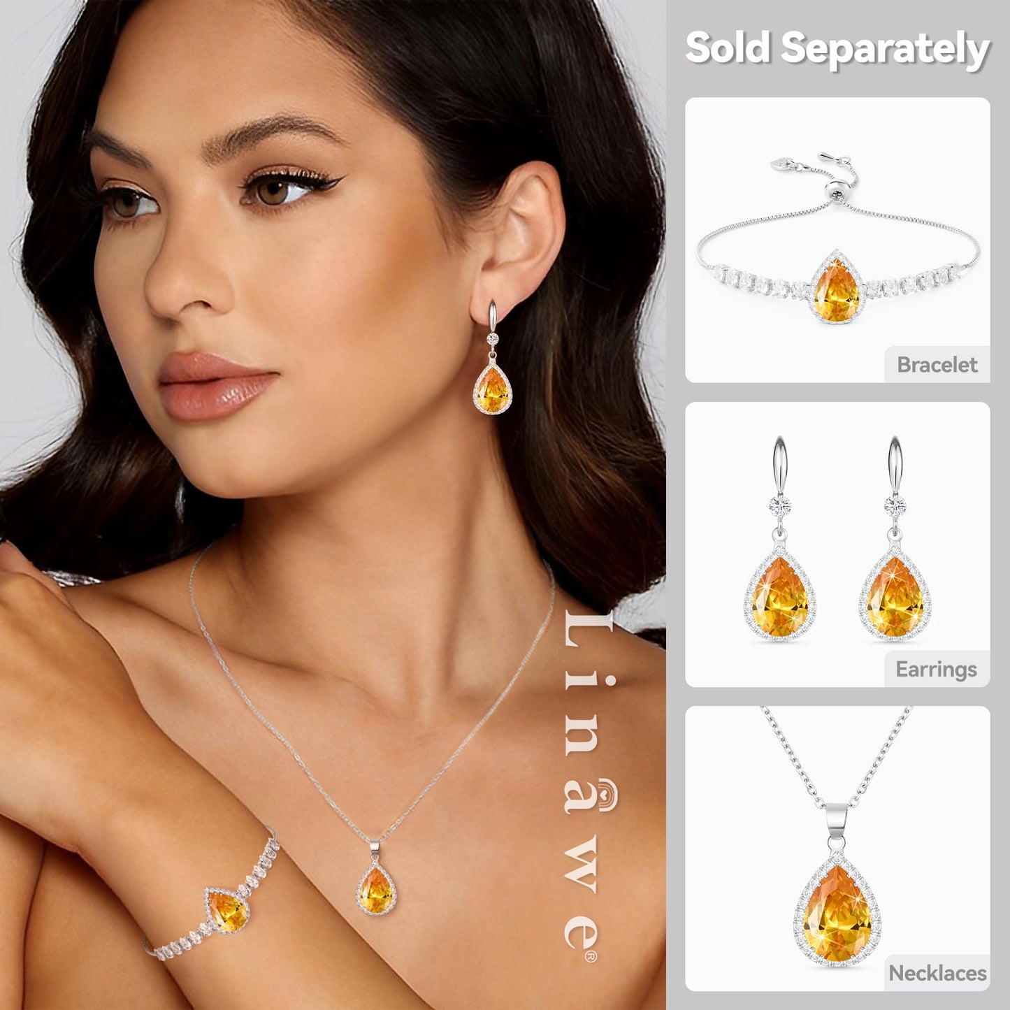Linawe Silver Yellow Dangle Earrings, Imitation Diamond Dangle, Wedding Drop Chandelier Earrings, Rhinestone Citrine Cubic Zirconia Crystal Lemon Earrings, Bride Jewelry Set
