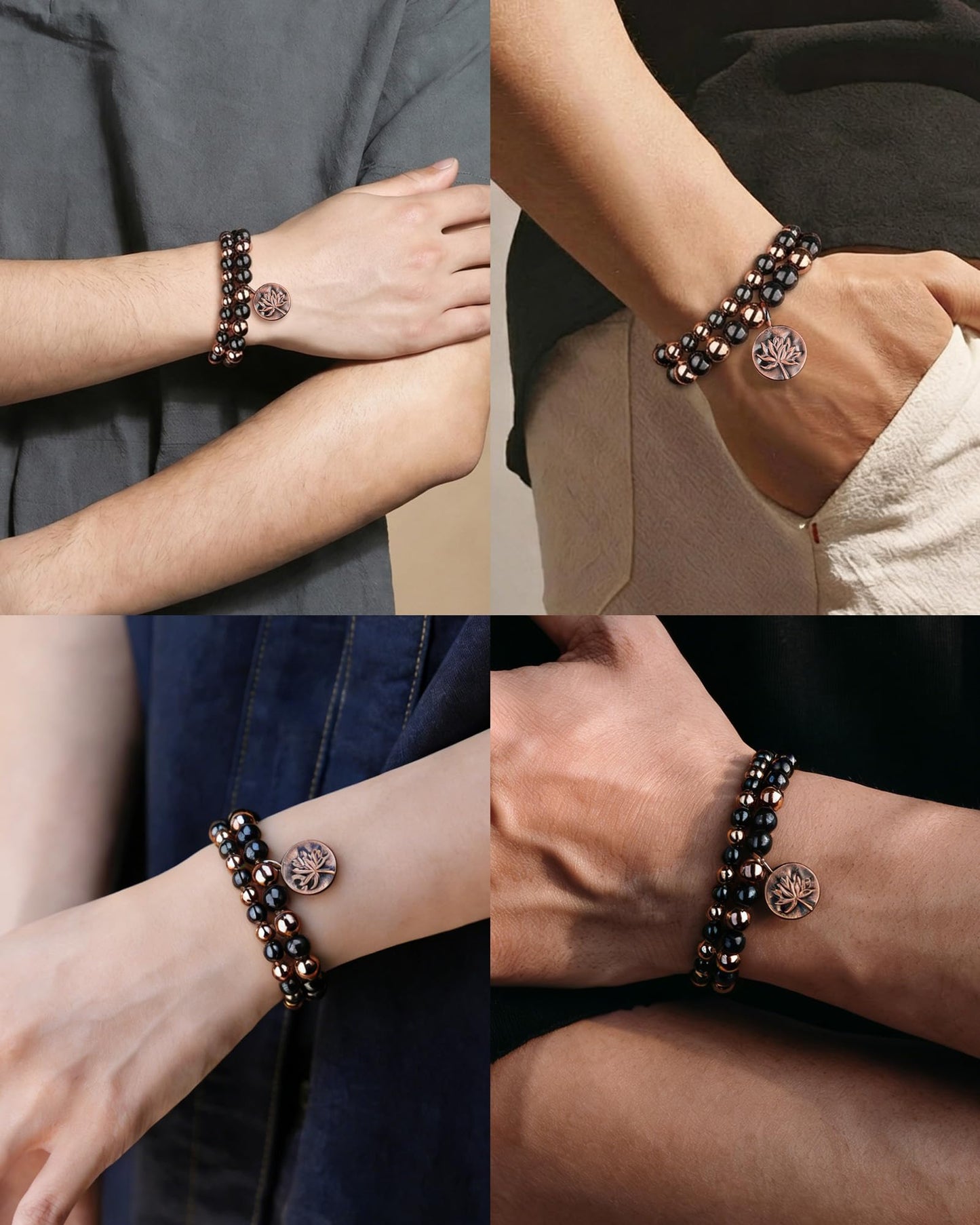 MagEnergy 2Pcs Copper Bracelet for Women & Men, 3800 Gauss Magnetic Bracelet, Lotus Copper Hematite Jewelry Gifts, Stretch Hematite Bead Braclets Pulseras Para Mujer