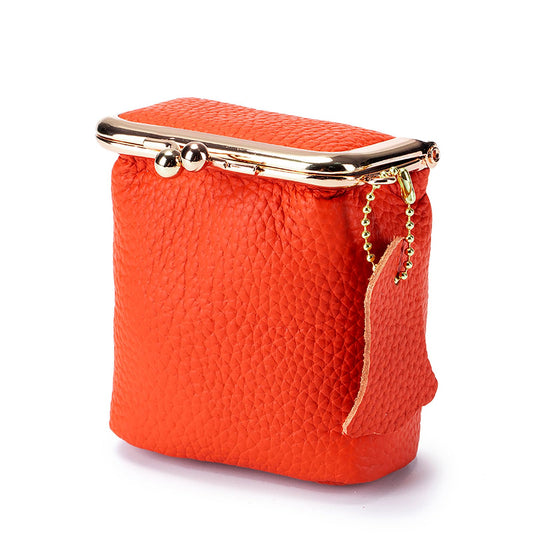 Litchi Leather Coin Purse for Women, Portable Vintage Wallet Mini Lipstick Holder Fashion Solid Color Kiss Lock Key Storage Square Pouch (Orange)