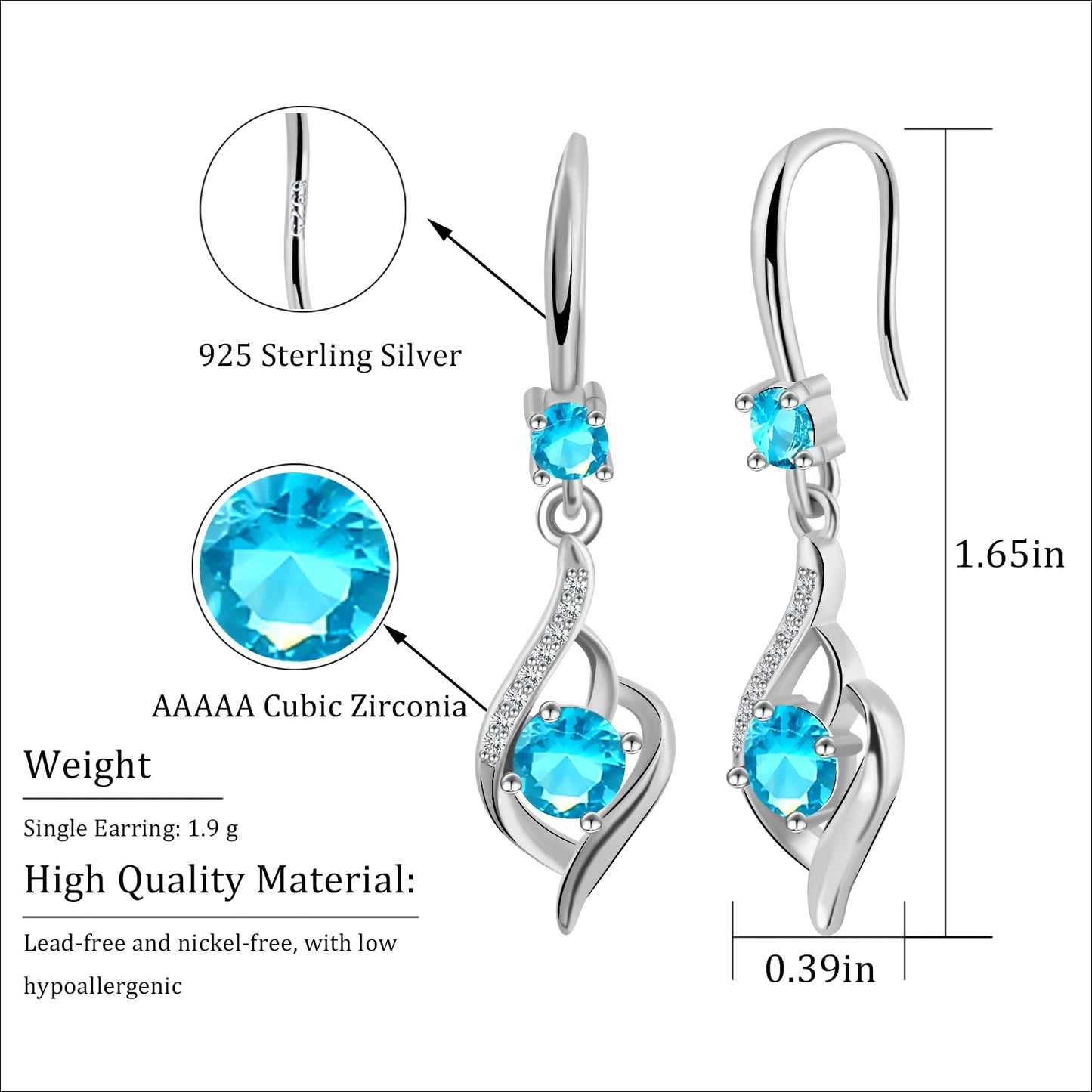 Heart Aquamarine Drop Dangle Earrings-925 Sterling Silver with Blue Crystals-Long Birthstone Jewellery for Women