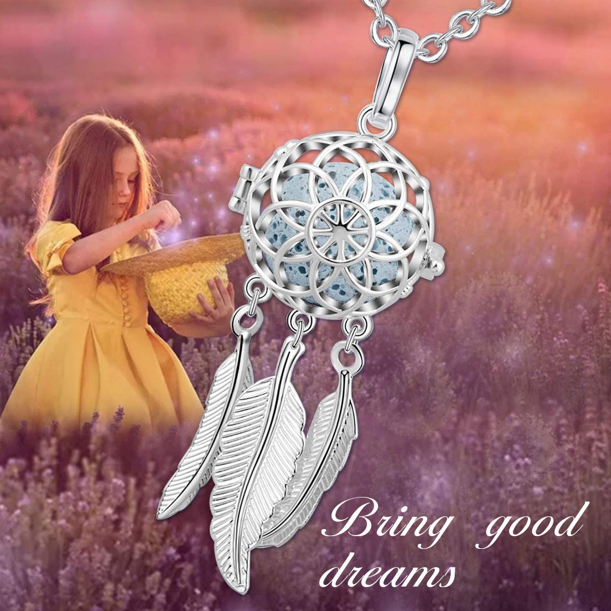 INFUSEU Dreamcatcher Necklace Aromatherapy Gifts Essential Oil Diffuser Lava Rock Stone Pendant Native American Indian Jewelry for Women Dream Catcher Feather Spiritual Meditation Items