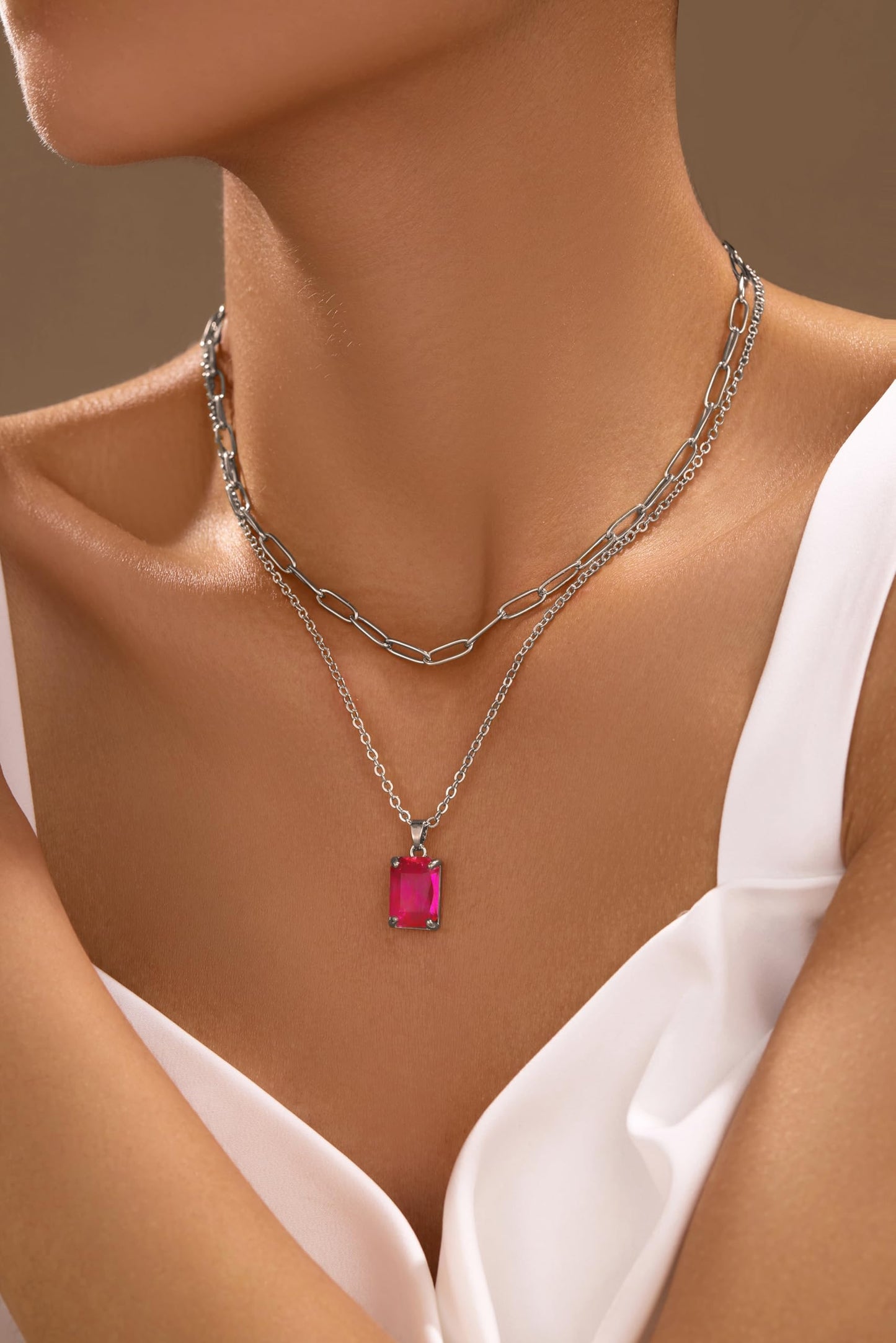 VANGETIMI Hot Pink and Silver Layered Pendant Necklaces for Women Silver Plated Crystal Choker Necklace Paperclip Rhinestone Necklace Party Prom Jewelry