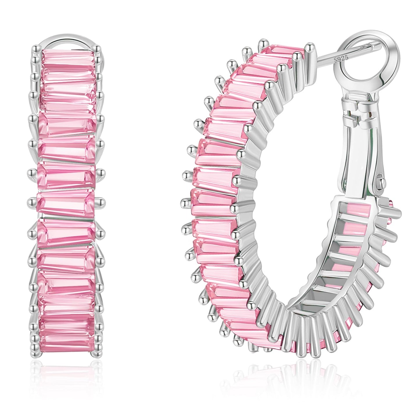 GLOQUAT Baby Pink CZ Hoop Earrings White Gold Plated Light Pink Hoops for Women 925 Sterling Silver Post Vintage Baguette Cubic Zirconia Earrings Trendy Pink Round Circle Hoops for Women Jewelry 25mm