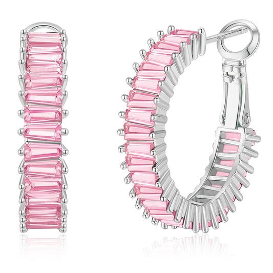GLOQUAT Baby Pink CZ Hoop Earrings White Gold Plated Light Pink Hoops for Women 925 Sterling Silver Post Vintage Baguette Cubic Zirconia Earrings Trendy Pink Round Circle Hoops for Women Jewelry 25mm