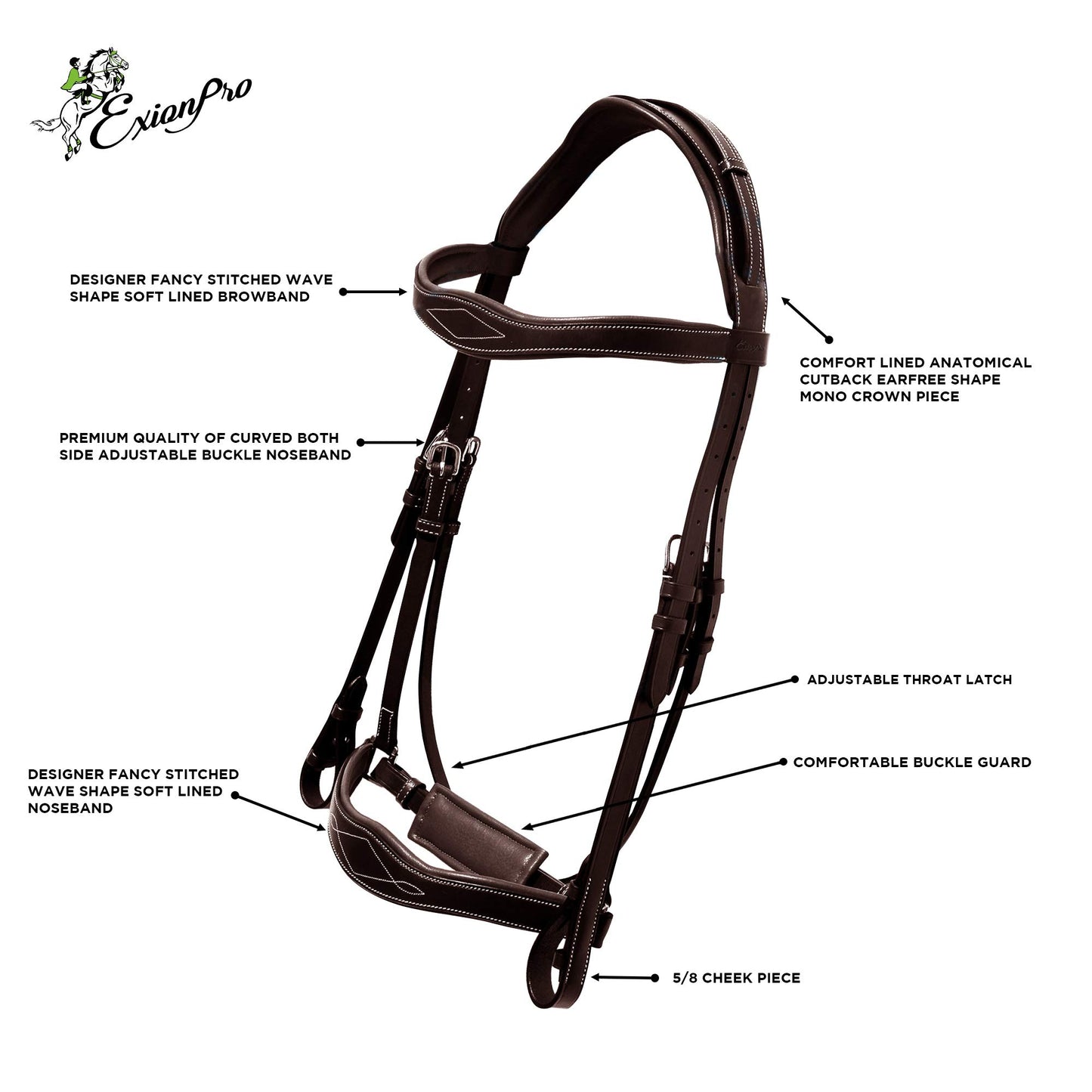 Exion Dressage Bridle with Anatomic Mono Crownpiece, Crank Noseband, Browband and Hand Stopper Reins for Horses