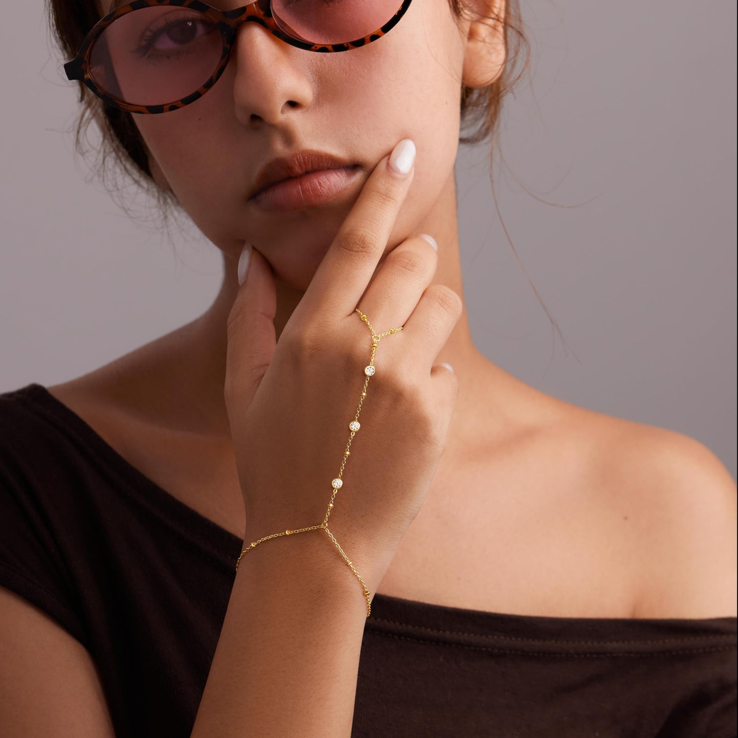 Poxtex Gold Hand Bracelets for Women Waterproof, CZ Bezel Hand Chain Dainty Adjustable Bracelets for Women Trendy, Fashion Jewelry Gifts