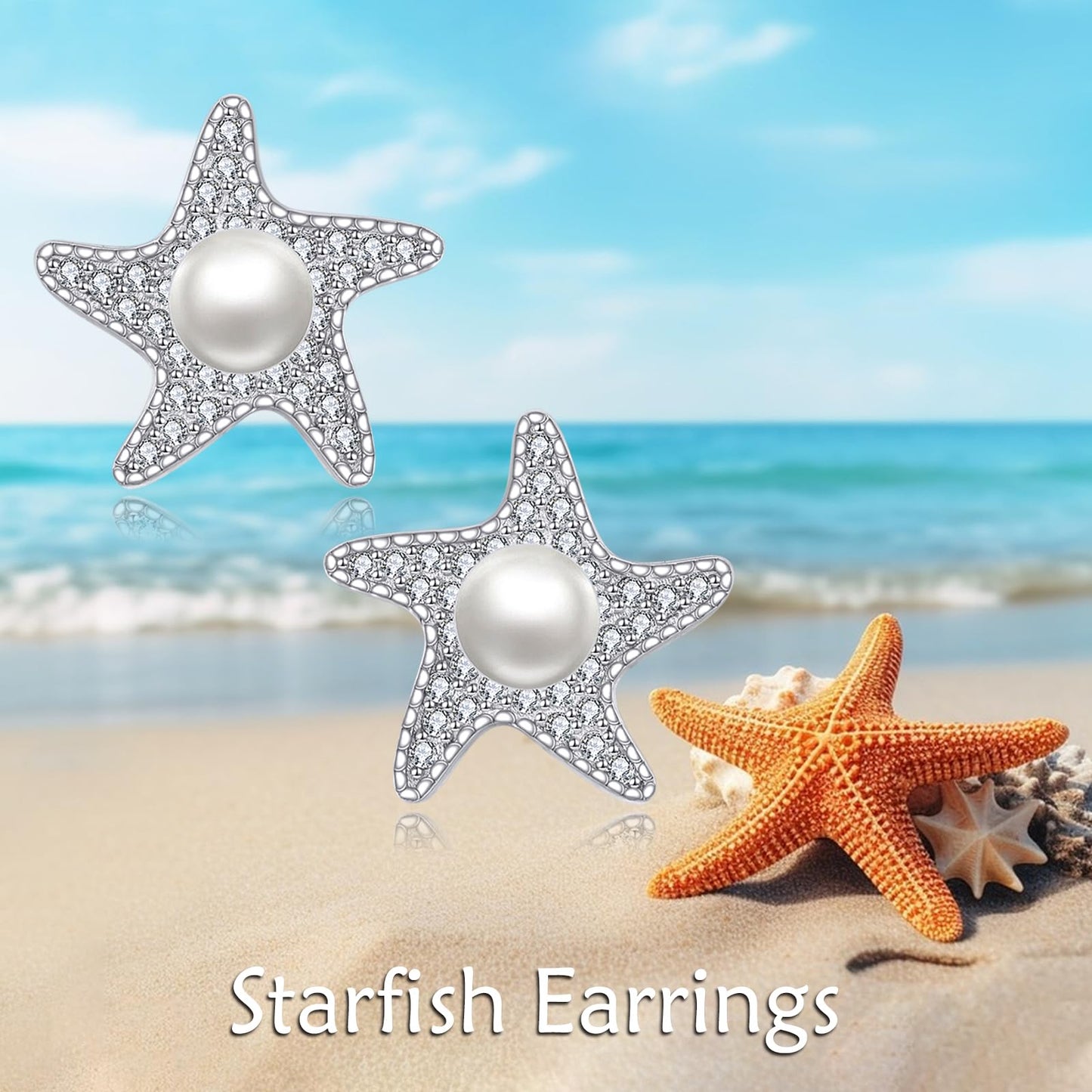 POPLYKE Starfish Earrings for Women Sterling Silver Freshwater Pearl Stud Jewelry Gifts Wedding Bridesmaids Anniversary