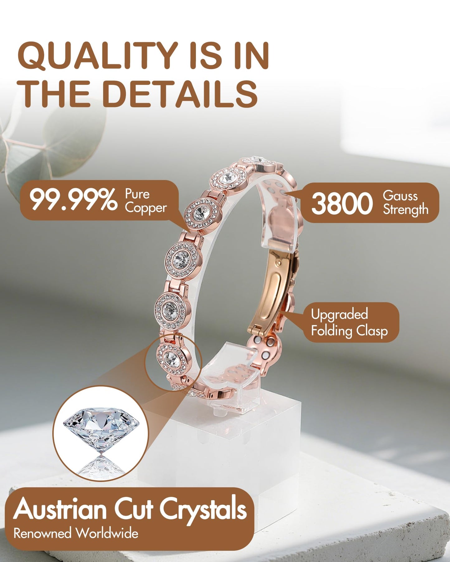 Feraco Pure Copper Bracelets for Women, 4X Ultra Strength Magnetic Bracelet with 3800 Gauss Neodymium Magnets & Dazzling Austrian Cut Crystals Stone, Adjustable Jewelry Gift (Sparkle Sphere - Rose Gold)