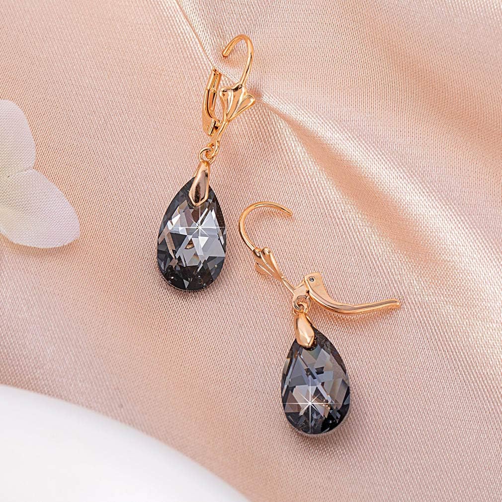 Austrian Crystal Teardrop Leverback Dangle Earrings for Women Fashion 14K Gold Plated Hypoallergenic Jewelry (Black)