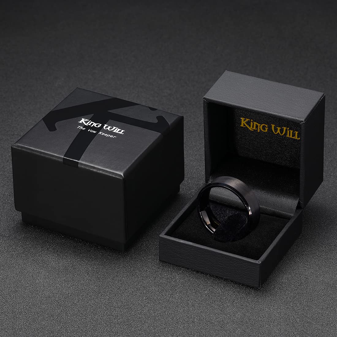 King Will 10mm Men's Black Wedding Ring - Brushed Matte Surface, Beveled Polished Edge, Comfort Fit Size 8