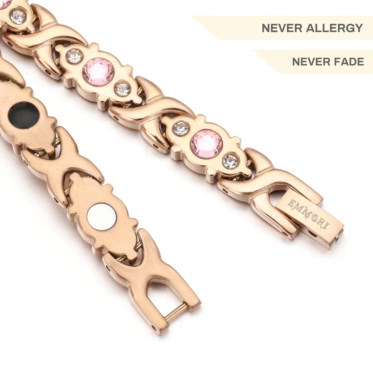 EMMORI Ultra Strength Magnetic Bracelet for Woman - 3,500 Gauss Per Magnet -Crystal Bracelet - Adjustable Length -Pulseras Magneticas (Rose Gold)