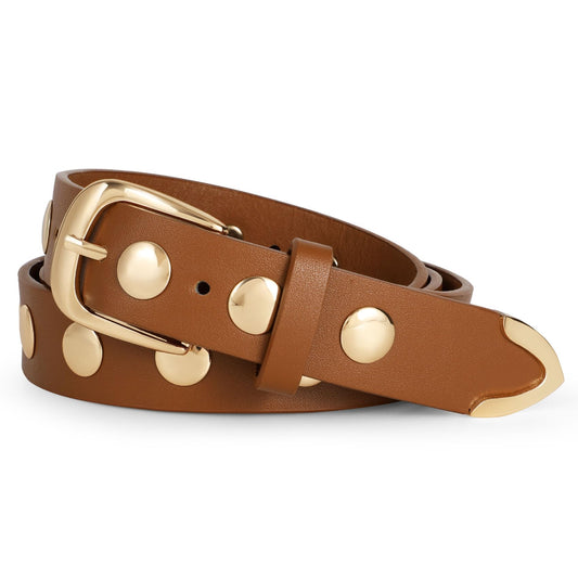 WERFORU Women Fashion Leather Belt Studded Leather Belt Ladies Belts for Jeans Dress Punk Belt,(Brown,25"-30" Waist Adjustable)