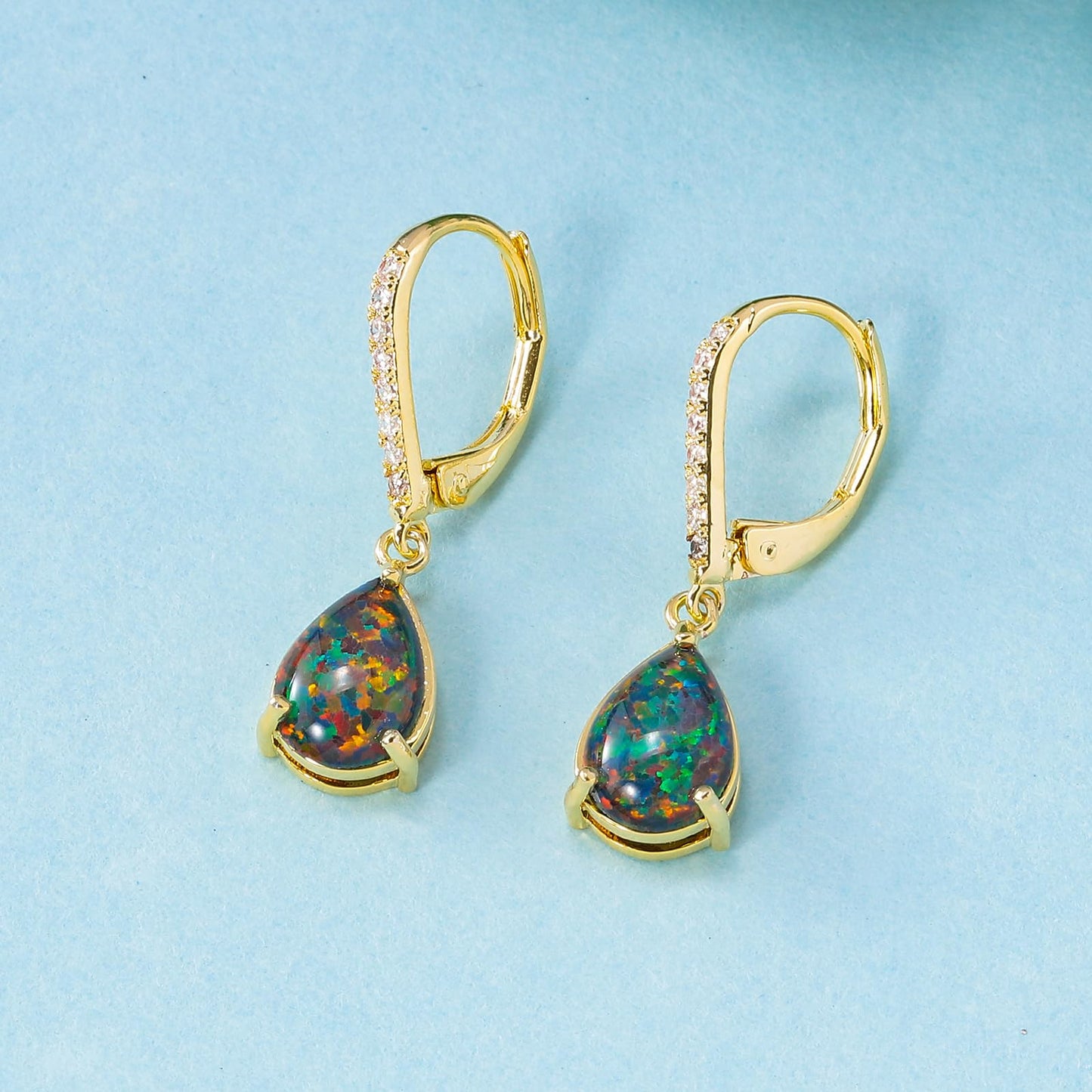 Leverback Black/Green Opal Dangle Earrings 14k Yellow Gold Plated Drop Earrings for Women Teardrop Earrings Elegant Jewelry Gifts for Mothers Day Birthday Party