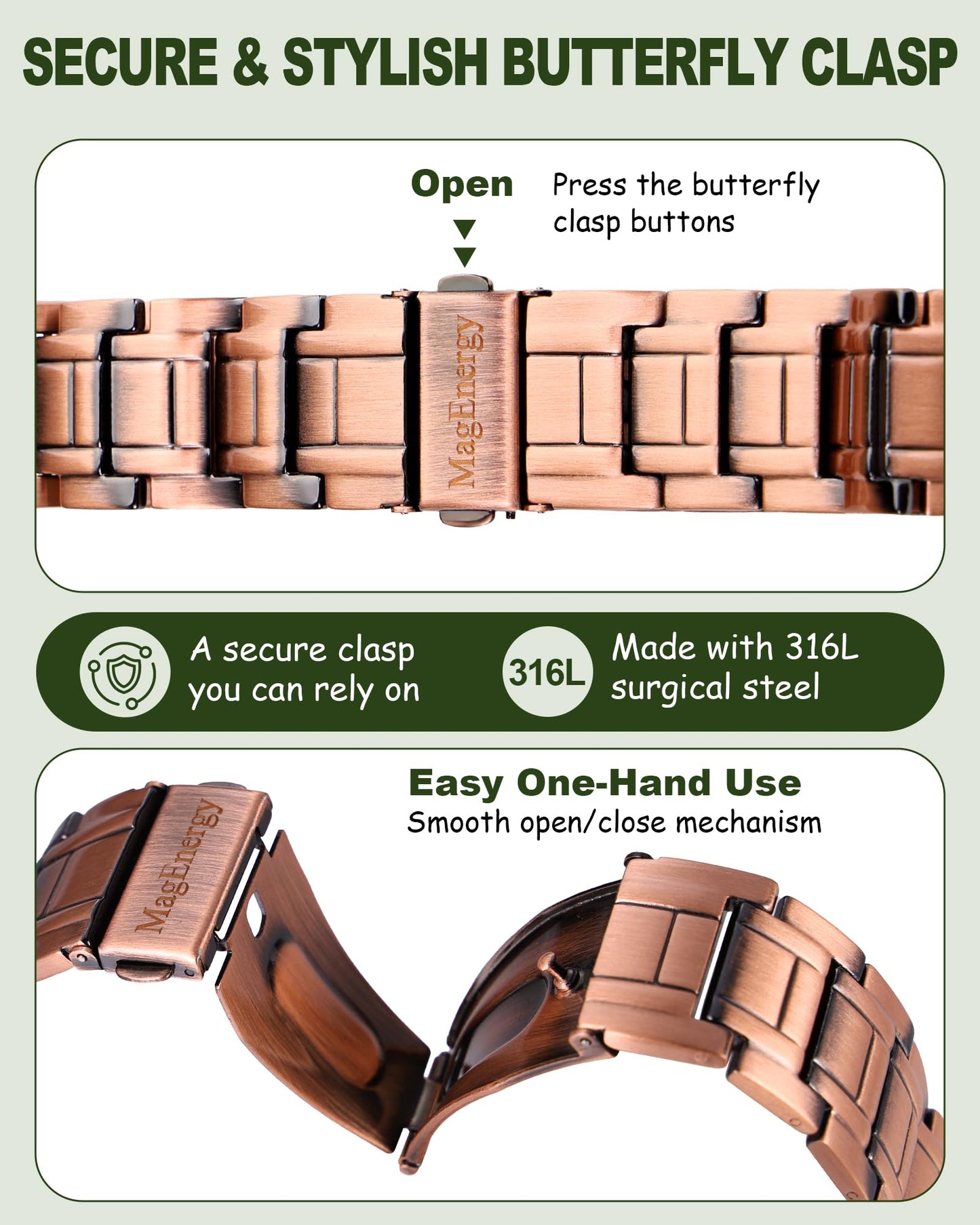 MagEnergy Copper Bracelet for Men, 3X Strength Magnetic Bracelet & 3800 Gauss Magnets, Copper Jewelry Gifts, Premium Fold-Over Clasp