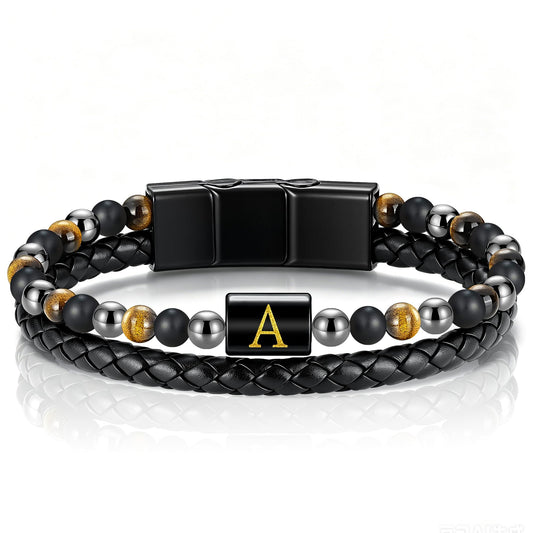 OUTSTHAND Leather Initial Bracelets for Men, Tiger Eye Beaded Bracelets Birthday Gifts for Husband Boyfriend Dad Gifts for Mens Personalized Mens Jewelry Fathers Day Gift for Men
