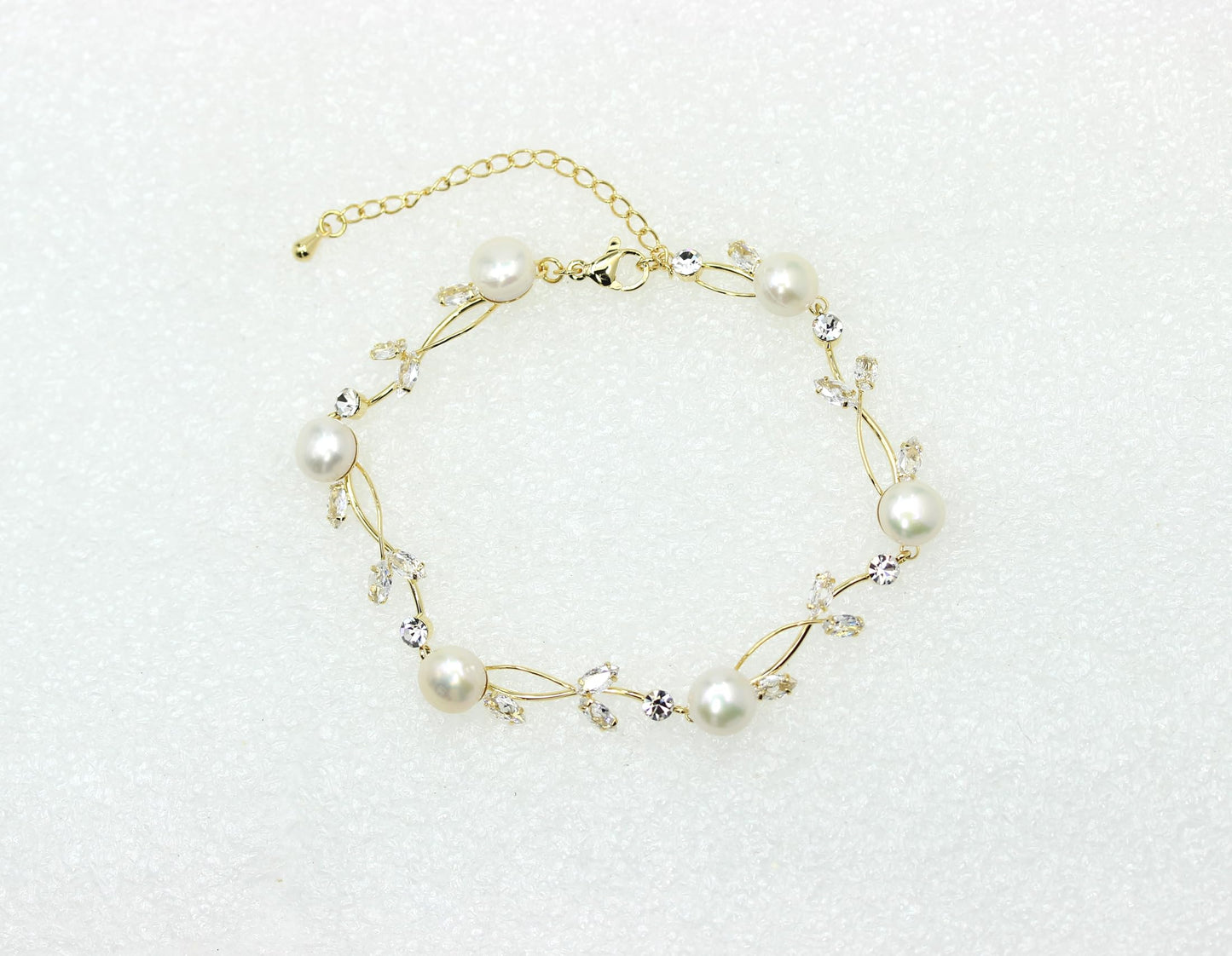 Faship Clear CZ Crystal Genuine Freshwater Pearls Floral Bracelet 7.5" - 9.5" - Clear/Gold-Plated/Matching Bracelet