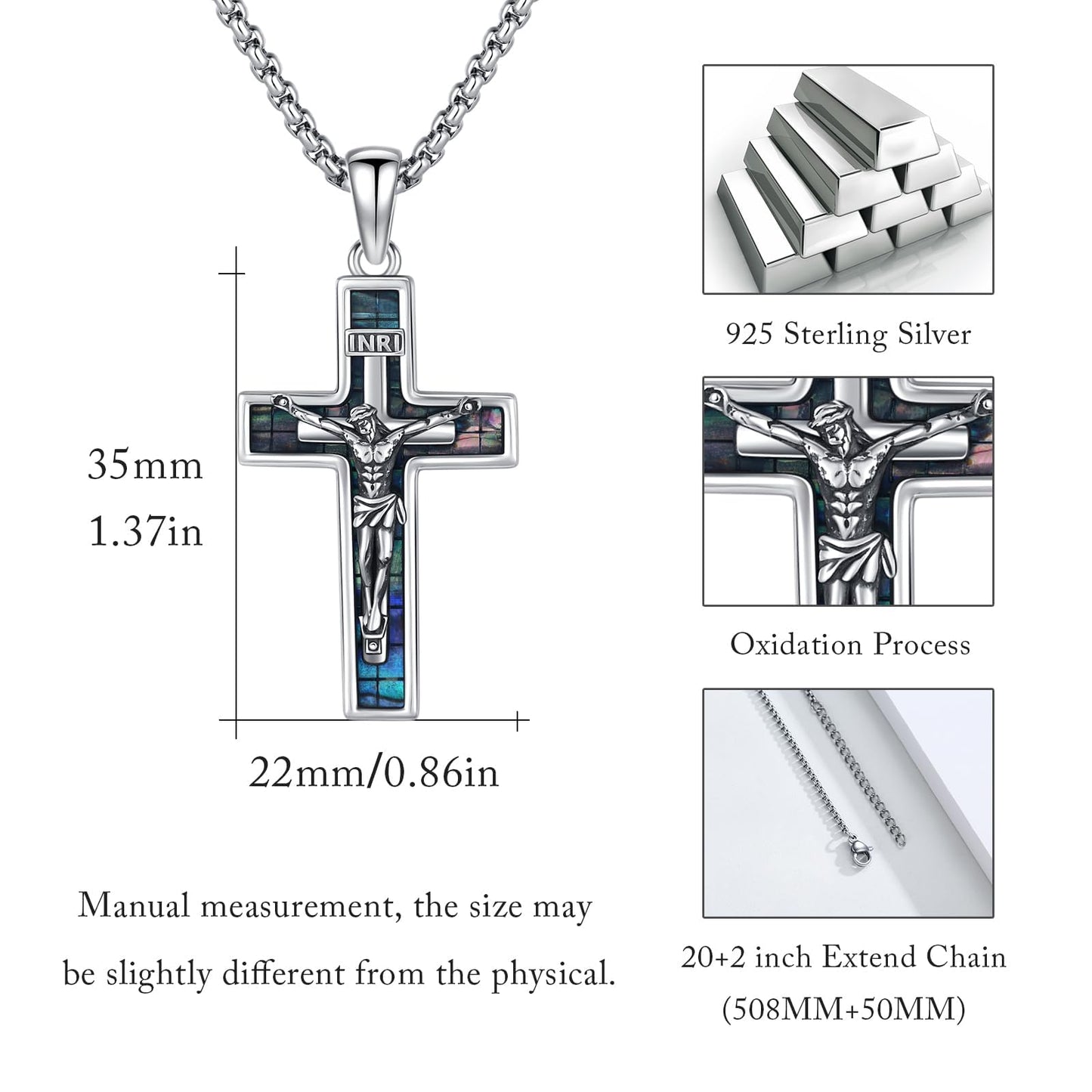 YEESIA Cross Necklace for Women Men 925 Sterling Silver Jesus Crucifix Pendant Necklace with Abalone Cross Jewelry Gift for Women Men