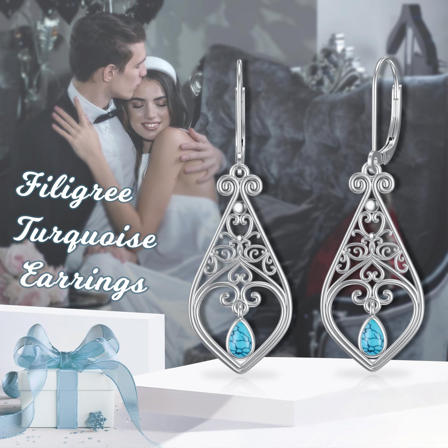 VONALA Filigree Earrings 925 Sterling Silver Turquoise Leverback Earrings Teardrop Dangle Dangling Drop Earrings Boho Jewellery Gift for Women