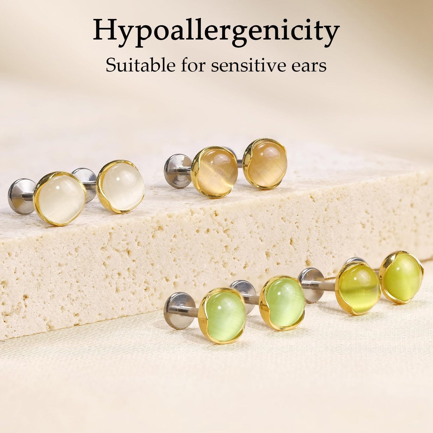 Limerencia Hypoallergenic Earrings for Sensitive Ears - 18G G23 Titanium Round Cat's Eye Push in Stud Earrings, Cartilage Stone Pierced Earrings for Women Men Gift,Green 4mm
