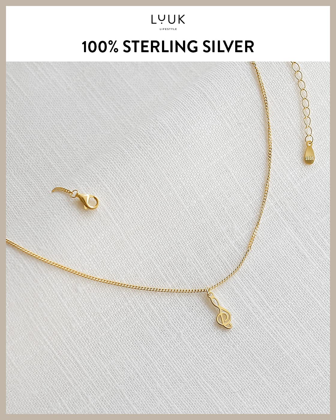 LUUK LIFESTYLE 925 sterling silver necklace with music key | treble clef pendant and HAPPINESS card, jewelry with a musical motif for her, gift idea for friend, music fan, birthday, gold