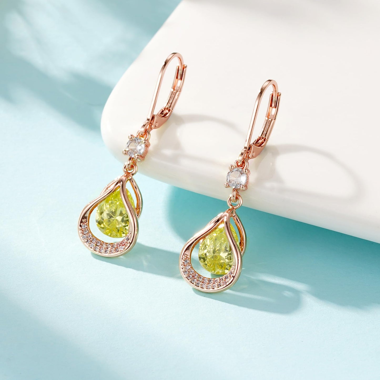Dangle Trendy Leverback Birthstone Earrings Rose Gold Plated Teardrop Dangle Earrings Jewelry Christmas Birthday Gifts for Women(Rose Gold August)