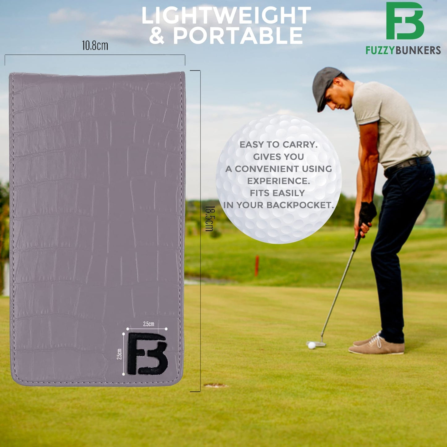 FB FUZZYBUNKERS Quality Leather Golf Scorecard Holder - Yardage Book Cover - Golf Yardage Book -Free Pencil and Stat Tracker Sheet (Gray)