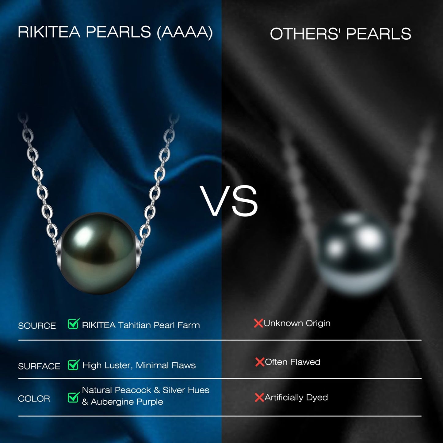 18K Solid White Gold Tahitian Black Pearl Necklace with Sterling Silver Chain, AAAAA 9-10mm Seawater Pearls - Christmas Gift for Wife Mom, Unique Women Jewelry for Wedding Anniversary Birthday