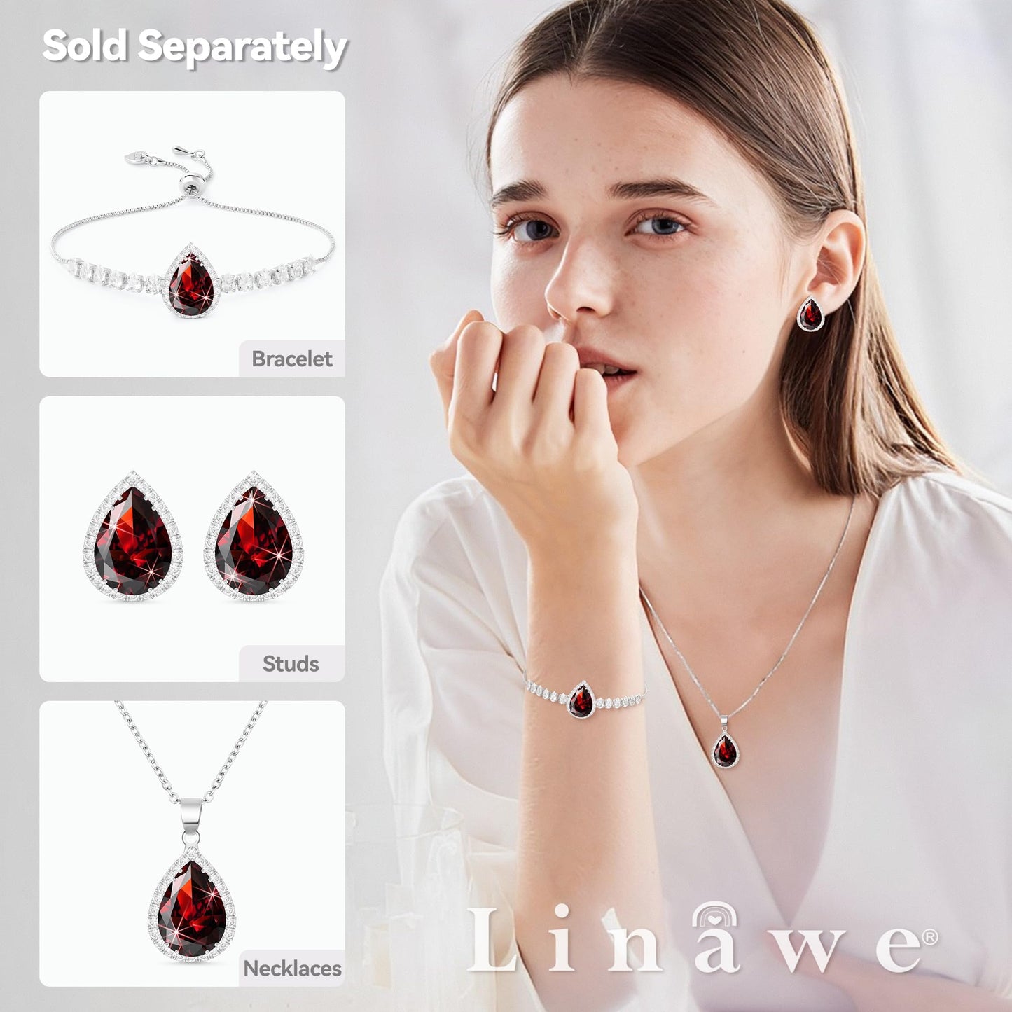 Linawe Silver Red Stud Earrings for Women, Imitation Diamond Cubic Zirconia Earrings Studs, Teardrop Rhinestone Burgundy Garnet Crystal Earrings Set, Costume Bridal Wedding Jewelry