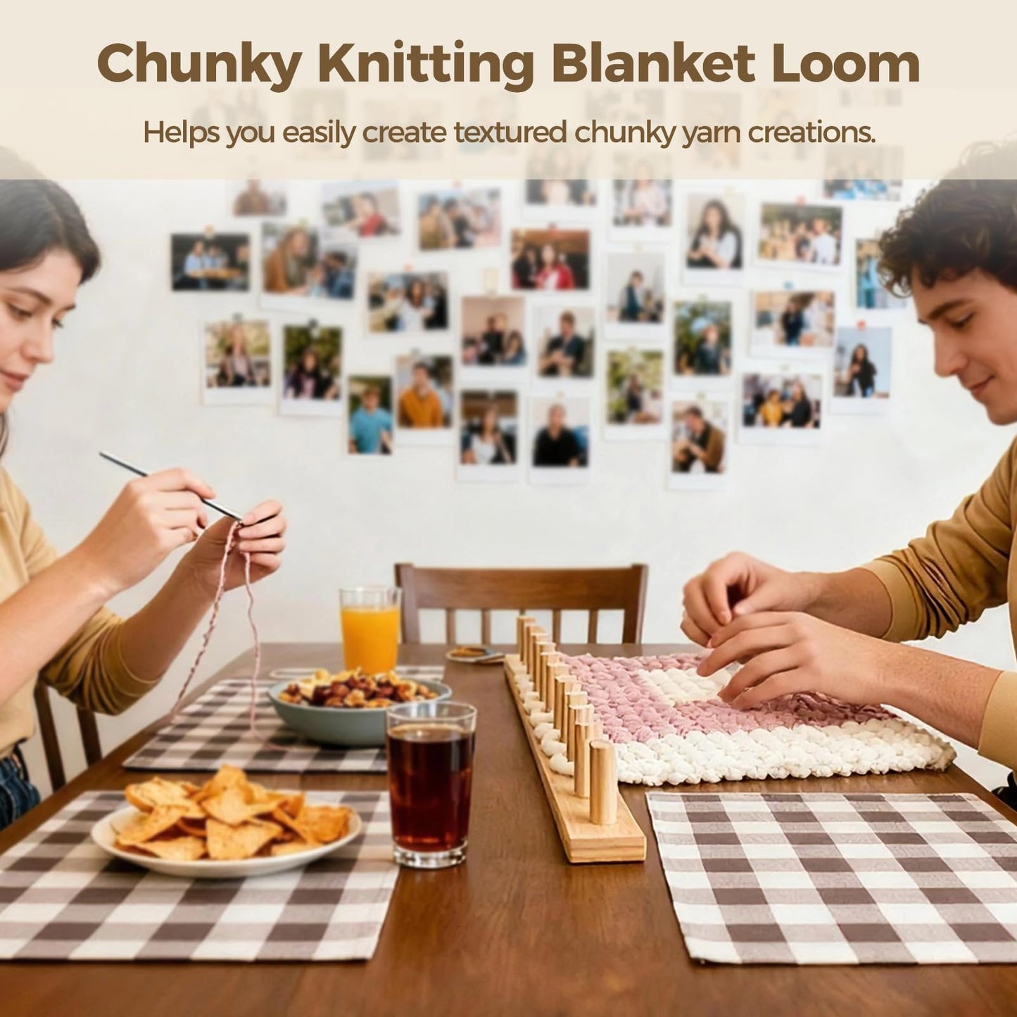 23.6" Chunky Knitting Blanket Loom, Wooden DIY Weaving Loom Kit, Adjustable Modular Blanket Frame, Includes Assembly Hardware, 2-in-1 Knitting Loom for Blankets,Throws, Afghans (Wood)