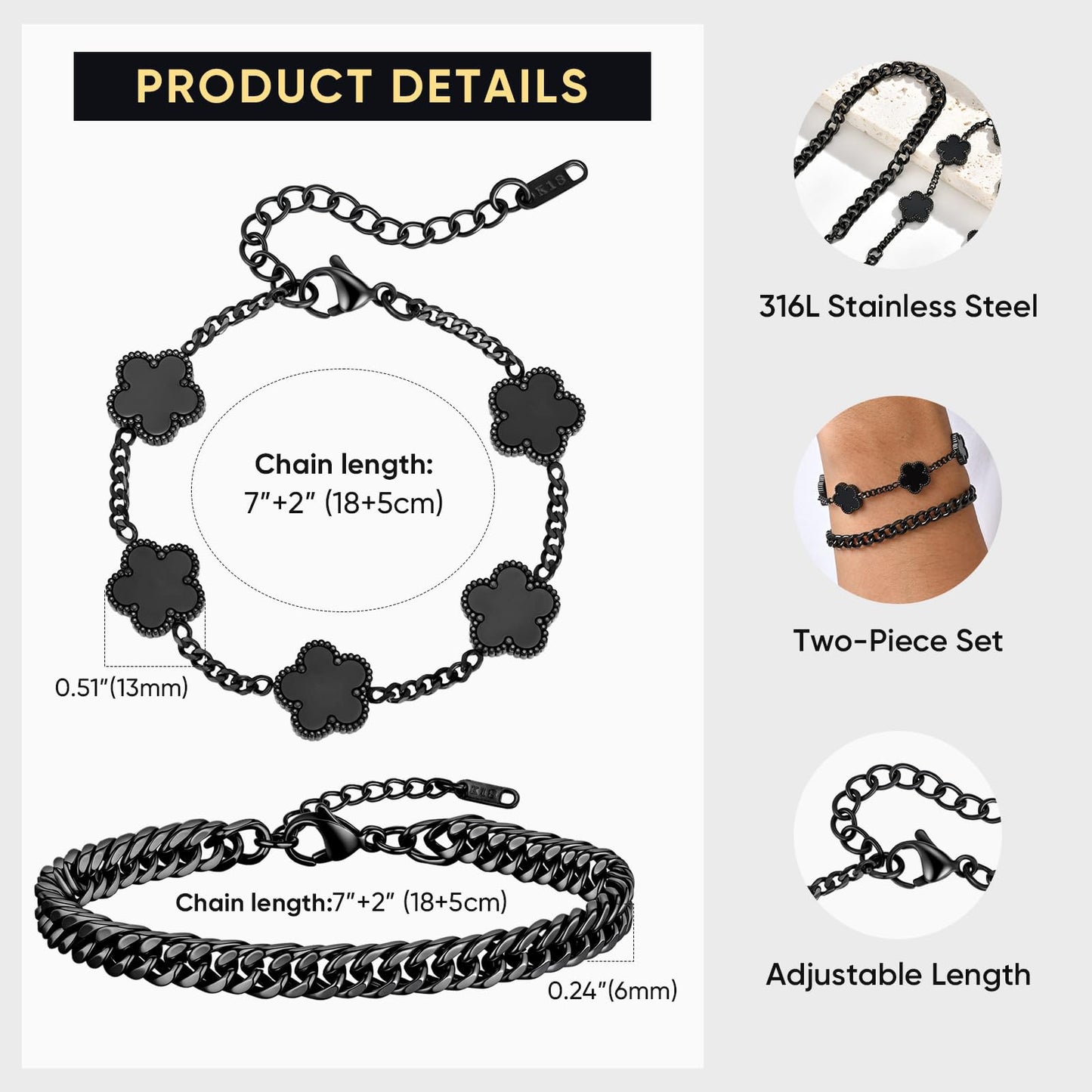 VNOX 2 PCS Floral Bracelets for Men Women -Womens Mens Stainless Steel Black Cuban Chain Link Bracelet Lucky Charm Four Clover Flower Bracelets Trendy Jewelry Gifts，B01