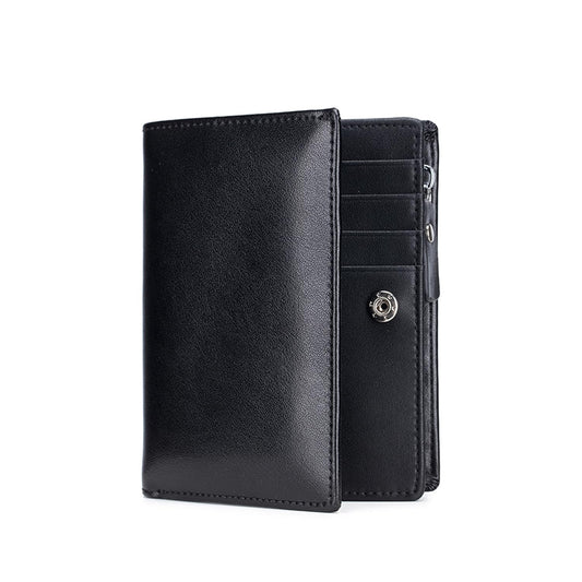 Karmiir Men’s RFID Vertical Bifold Leather Wallet with Zipper Coin Pocket, Multiple Card Slots, ID Window & Double Bill Compartments, Business Wallet for Daily Use (Black/Black)