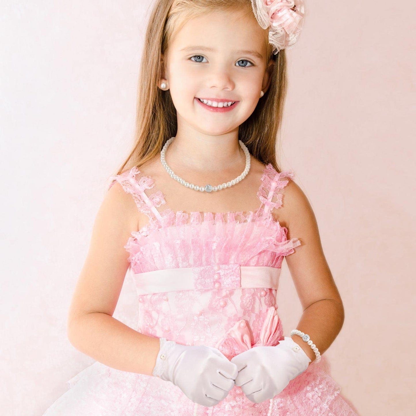 Geyoga 4 Pcs Pearl Necklace Set for Little Girls Toddler Girls Jewelry Communion Gloves for Kids Christmas Tea Party Wedding(Modern Style,8-12 Years)