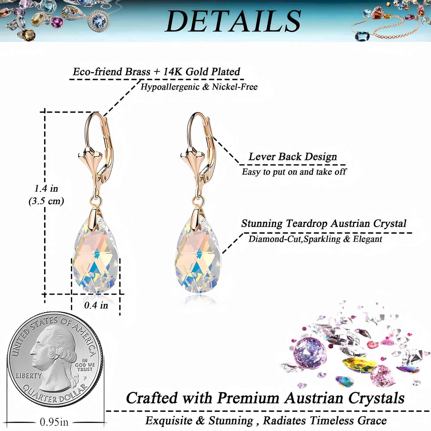 Austrian Crystal Teardrop Leverback Dangle Earrings for Women Fashion 14K Gold Plated Hypoallergenic Jewelry (Aurora Borealis)