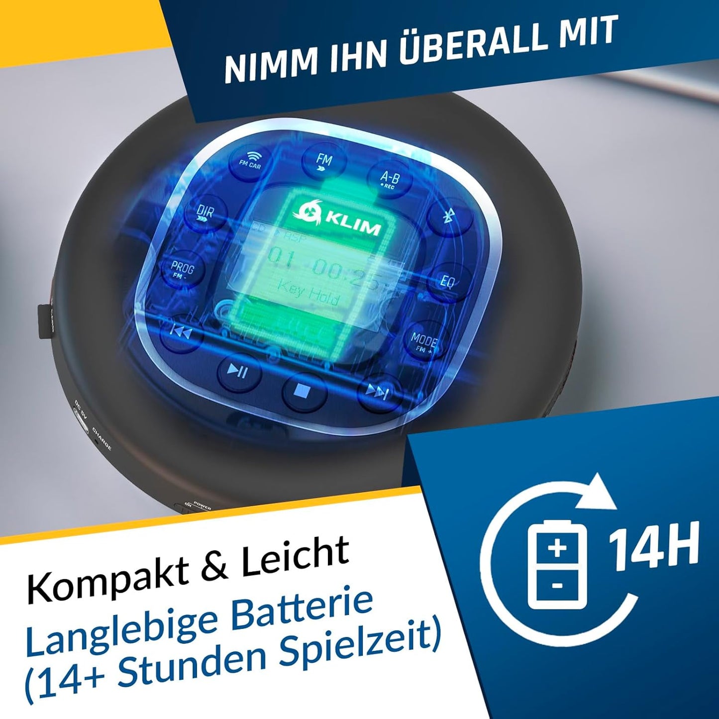 KLIM MP3 Journey - Portable CD Player with Long-Lasting Battery - New - with Headphones - Radio FM - Compatible CD