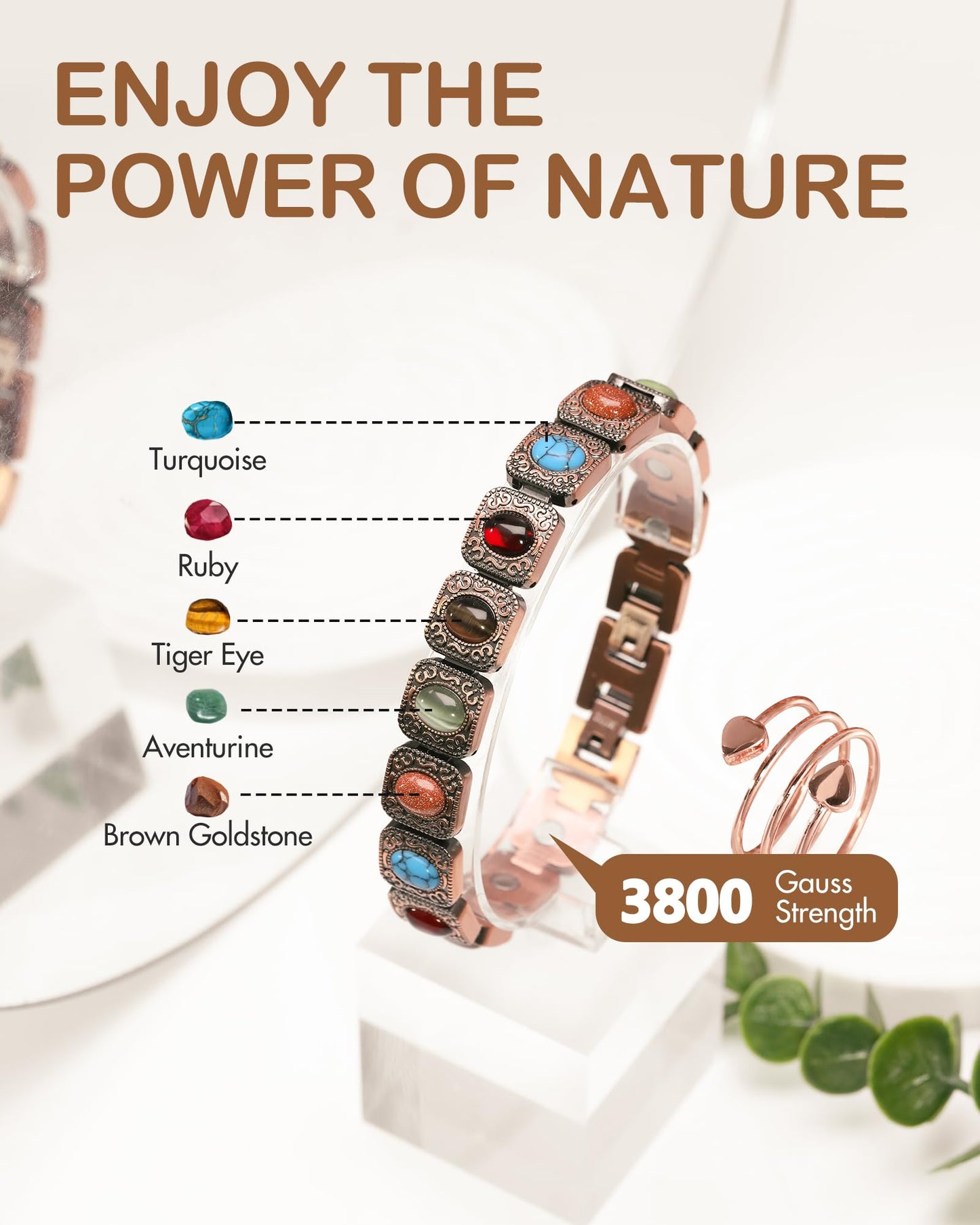 Feraco Pure Copper Bracelets & Rings for Women, Ultra Strength Magnetic Copper Bracelet with 3800 Gauss Magnets, Natural Turquoise & Stones, Adjustable Jewelry Gift