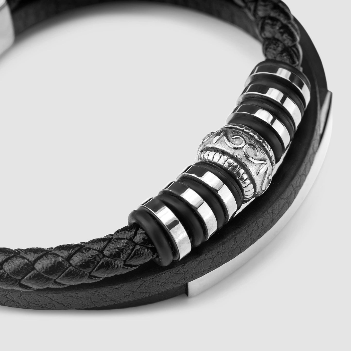 SERASAR 8″ Silver Leather Bracelets for Men Mens Cowhide Gift Box Braided Bracelet Stainless Steel Jewelry Wrist Band Cuff Wrap Rope Bangle Dad Pulseras para Hombres Cuero Regalo