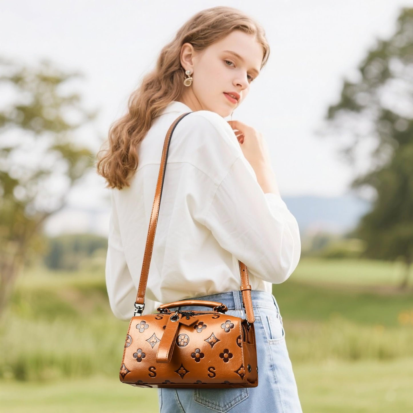 Travistar Crossbody Handbags and Purses Women - Small Retro Embossed Vegan Leather Cross Body Top Handle Handbag Women's Shoulder Bag Trendy Tote Purse Ladies Satchel Bags with Adjustable Strap Brown