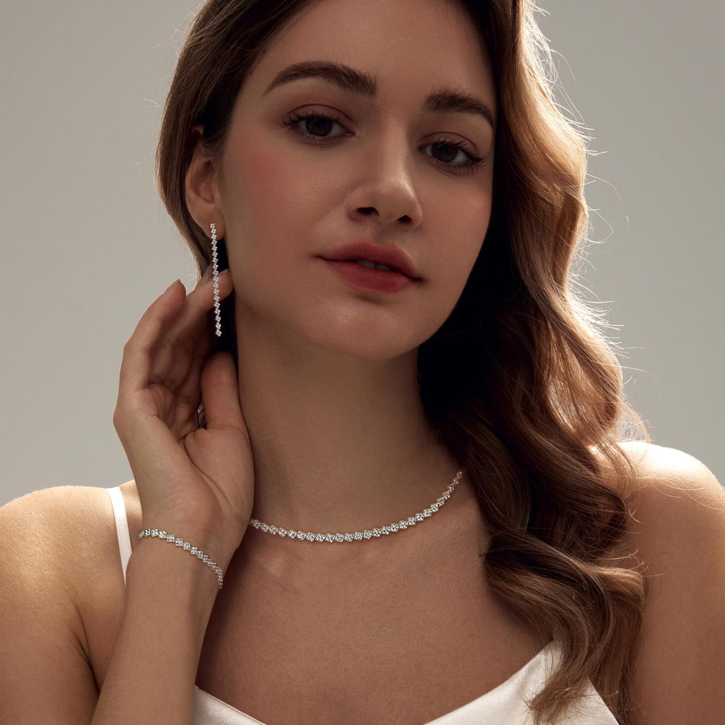 LULII Tennis Necklace Set for Women Dainty Sterling Silver Necklace and Earring Sets Diamond Drop Dangle Earrings Crystal Bracelets for Women Silver Jewelry Sets for Bride Gift