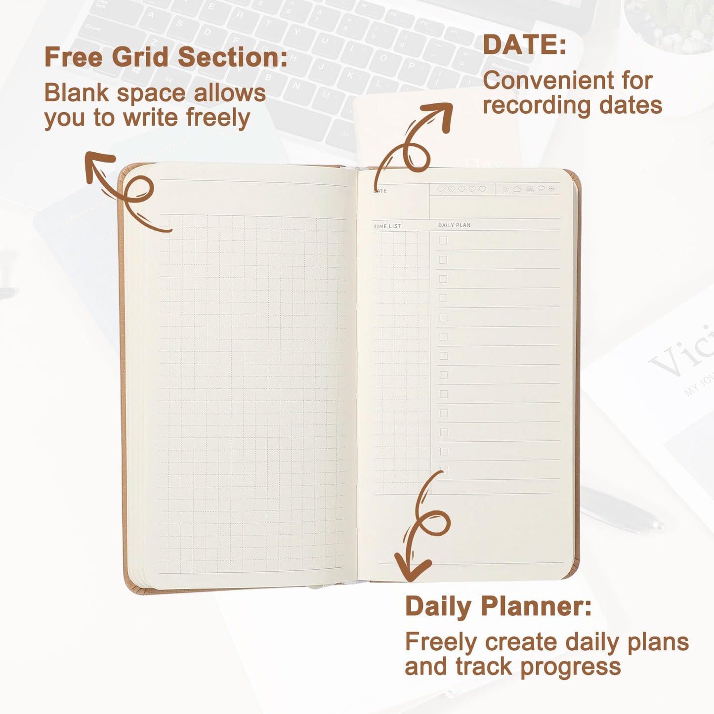 PATIKIL 2Pcs Planner Notebook, 7 x 3.8" 96 Sheets Undated Daily Planner Pocket to Do List Daily Weekly Goals Notebook for Office Home Study Work Time Management Habit Tracker, Green, Brown