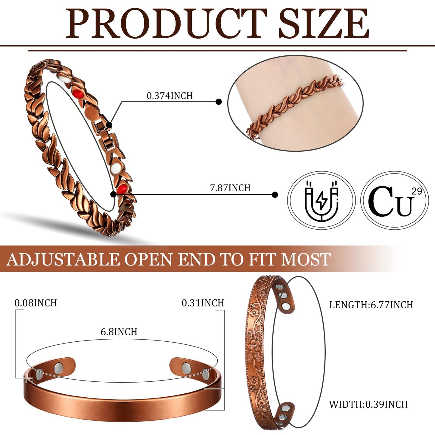 Misdary 3 Pcs Copper Magnetic Bracelets for Women Ultra Strength Magnetic Bracelet with Magnets Natural Turquoise Stones Adjustable Jewelry Gift (Pure Copper)