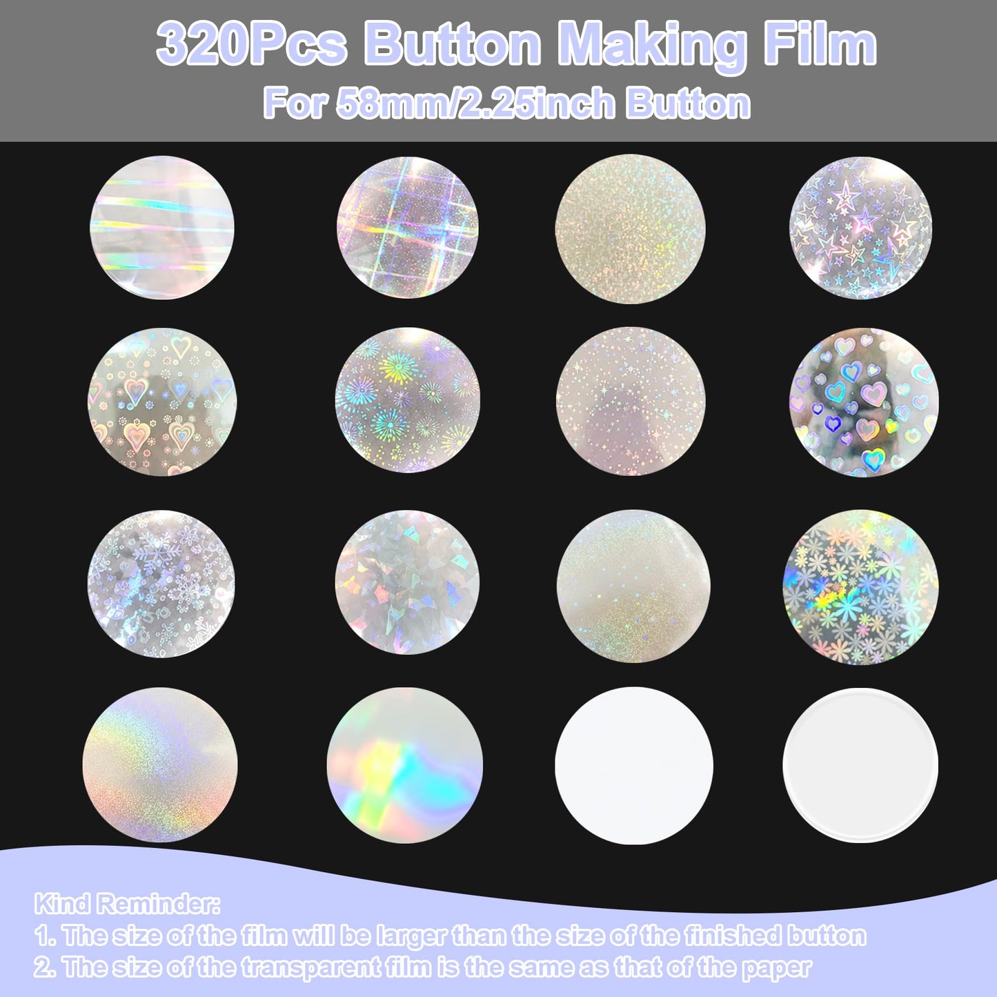 320Pcs Badge Protective Film, Button Maker Accessories Kit with Iridescent Film, 14 Styles Decorative Film, 1 Style Clear & 1 Style Printable Paper Inserts for 2.25 Inch (58mm) Badges