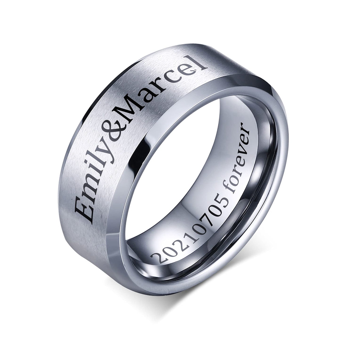 VNOX Mens 8mm Brushed Matte Tungsten Carbide Classical Simple Plain Personalized Custom Name Date Wedding Band Wedding Engagement Ring,Silver,Size 7