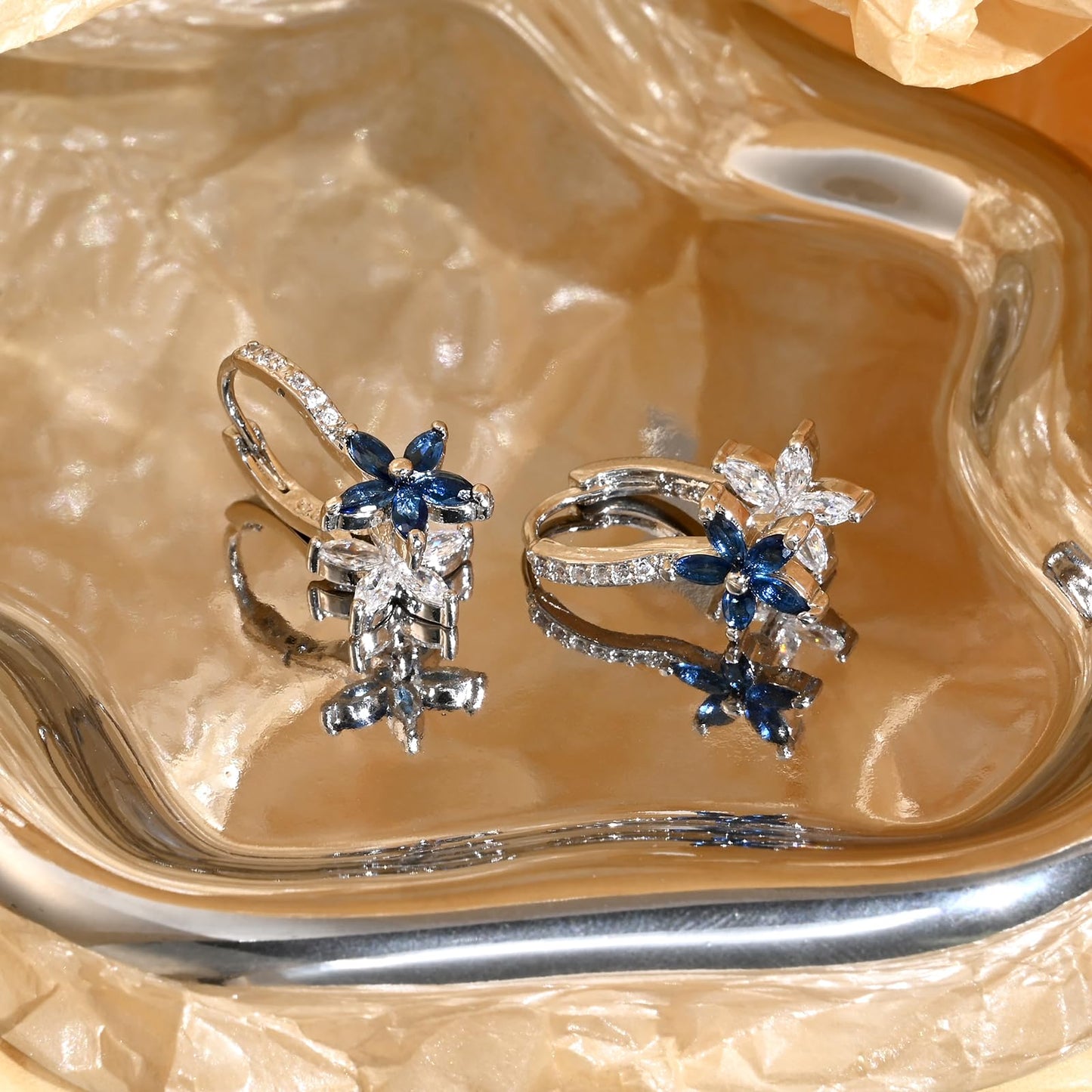Watforsh 925 Sterling Silver Flower Earrings for Women Dangling Leverback Earrings with Sapphire and White Crystal Double Floral