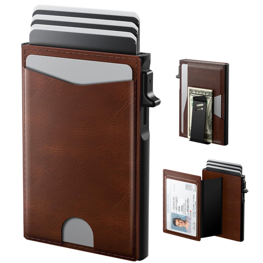 typecase Slim Wallet for Men, Minimalist RFID Blocking Wallet with Money Clip & ID Window, Genuine Leather Pop Up Card Holder, Front Pocket Wallet Men Gifts, Holds 8 Cards (Brown)