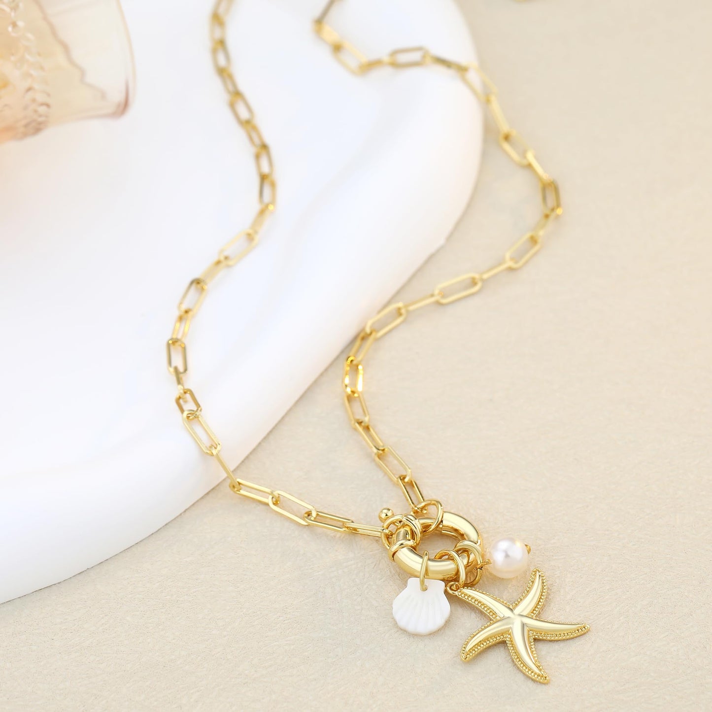 MISS RIGHT Gold Necklace for Women, Dainty 18k Gold Plated Starfish SeaShell Pearl Cute Boho Pendant DIY Charm Necklace,Non Tarnish Adjustable Chunky Paperclip Chain Jewelry for Summer Beach Vacation