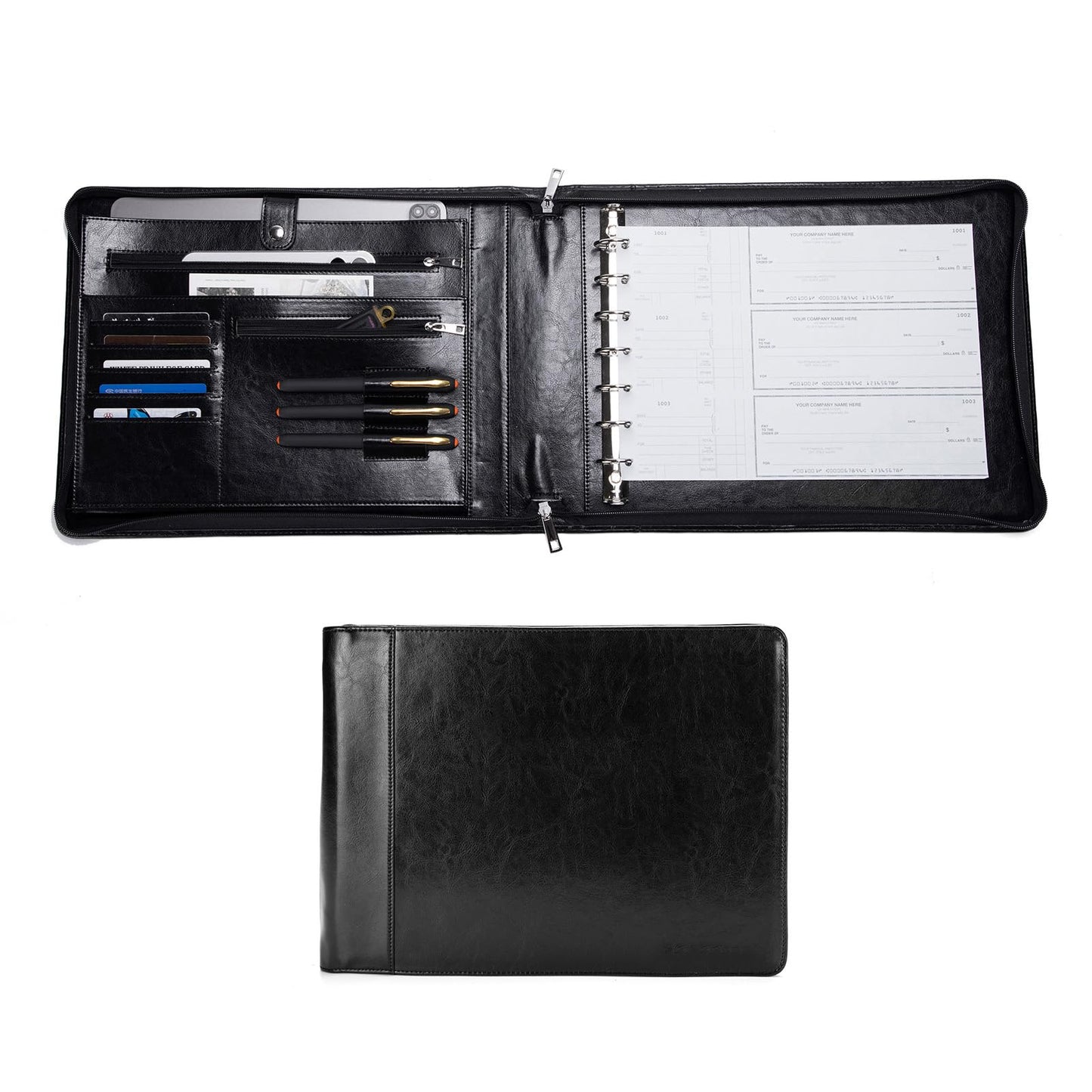 Geslun 7 Ring Check Binder, Vegan Leather Business Checkbook Cover Holder, 3-On-A-Page for 600 Checks (9 x 13”), Desk Commercial Cheque Zippered Folder, Black