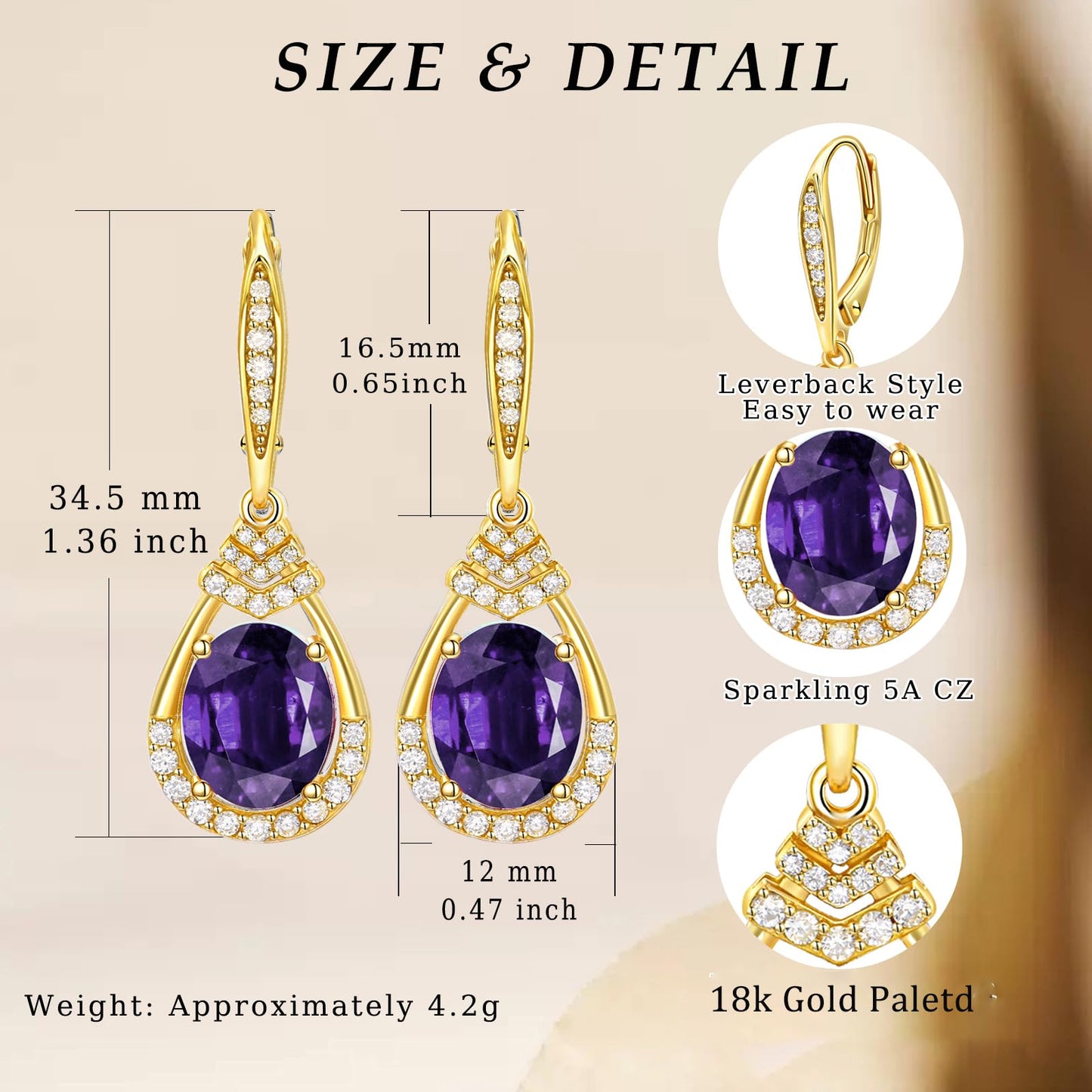Purple Amethyst Earrings for Women 18K Gold Plated February Birthstone Teardrop Dangle Earrings Sterling Silver Leverback Drop Formal Earrings Evening Wear Birthday Gifts