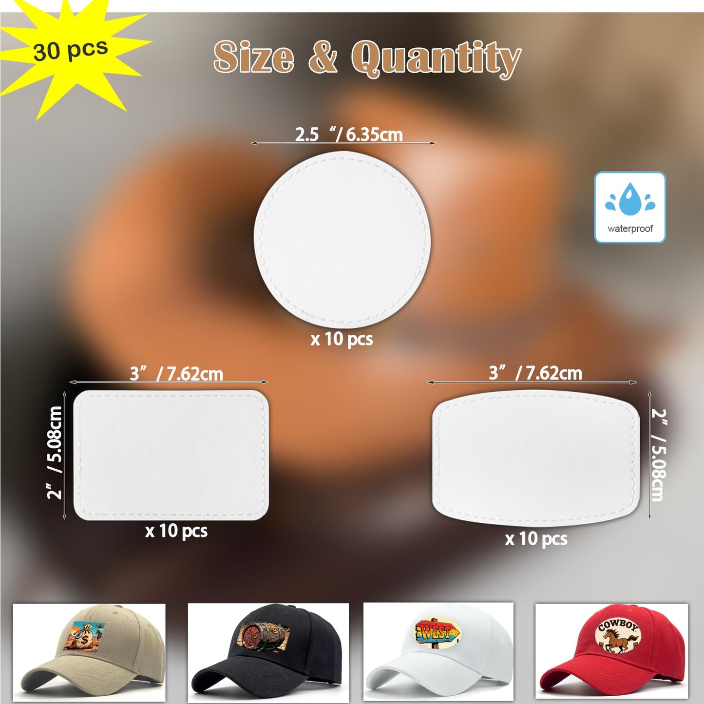 iFForce Full Sublimation Blank Leatherette Patches Without Border - 30 Pcs Waterproof Smooth Glossy PU Iron on Hat Patches - Rectangle Rounded Rectangle Round Patches for DIY Hat & Clothes Business