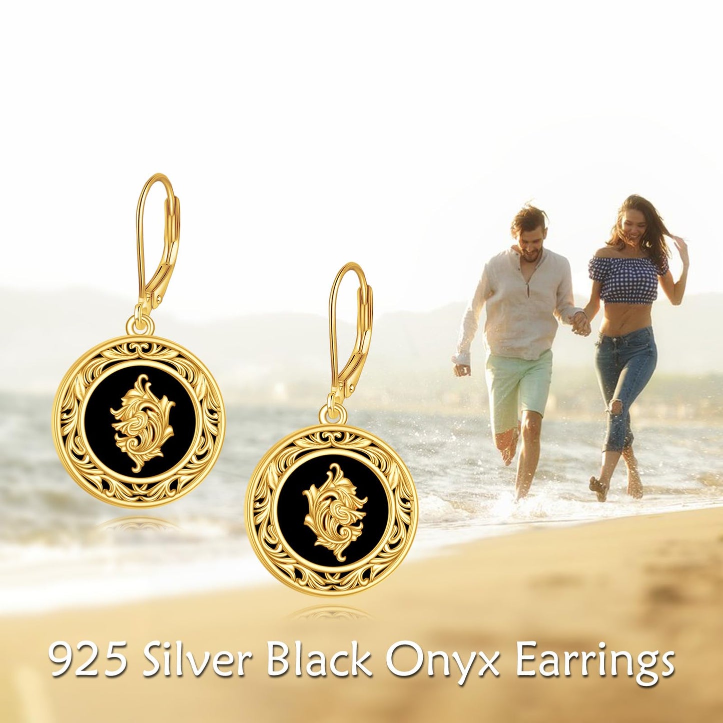 Black Onyx Drop Earrings for Women Sterling Silver 18K Yellow Gold Plated Filigree Black Onyx Dangle Leverback Earrings Jewelry Gifts