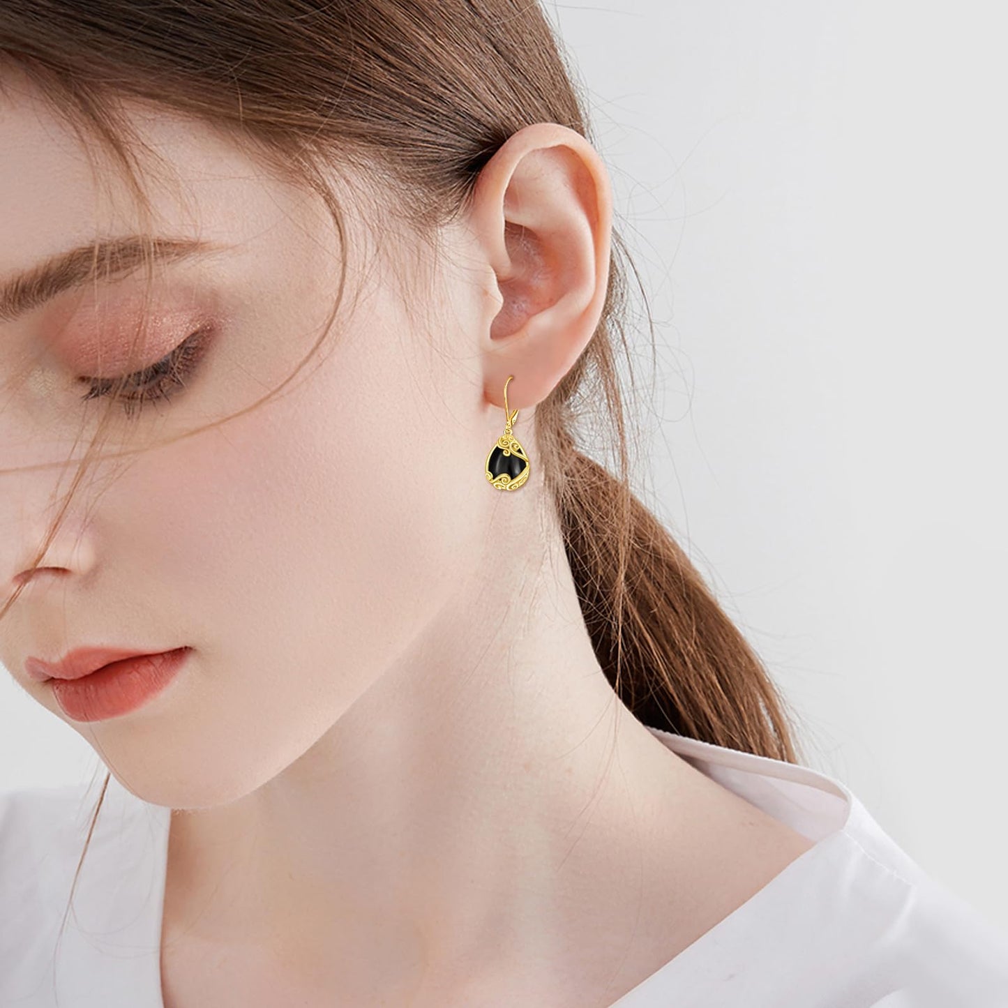 Black Onyx Drop Earrings for Women - Sterling Silver 18K Yellow Gold Plated Filigree Dangle Leverback Jewelry Gifts